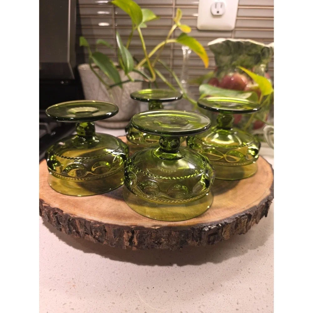 VTG Avocado Green Indiana Glass Kings Crown Thumbprint Dessert Goblet Set Of 4